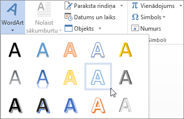 WordArt opcijas izvēle