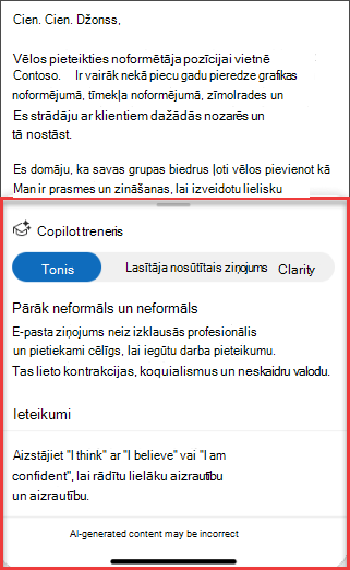 Copilot ieteikumi toņu, skaidrības un lasītāju noskaņojumam programmā Outlook mobilajām ierīcēm