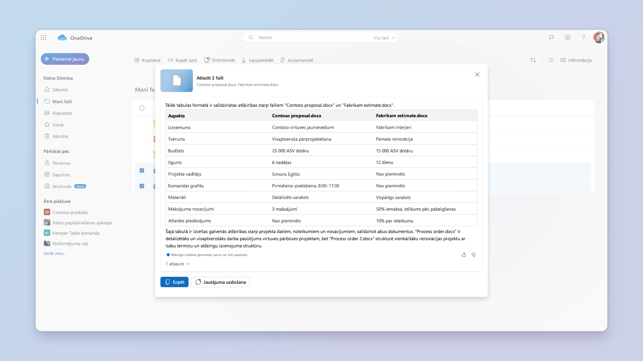 ekrānuzņēmums ar failu salīdzināšanas scenāriju līdzeklim Copilot pakalpojumā OneDrive