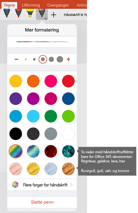 Håndskriftfarger og -effekter for tegning med håndskrift i Office på iOS