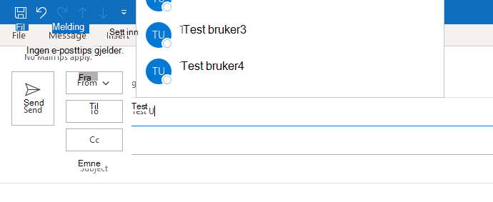 Bildet viser autofullfør for Outlook. Autofullfør er bare delvis synlig.