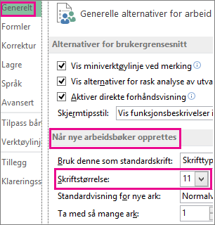 Alternativer i dialogboksen Generelt