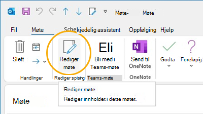 Rediger møte-knappen Tilpass båndet i Outlook