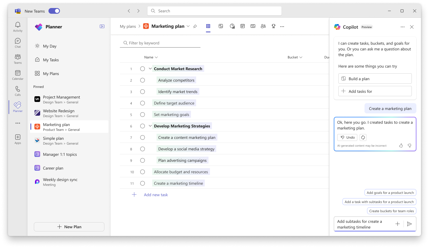 Screenshot shows user interface for Copilot in Planner creating a new plan.