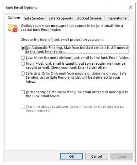 Screenshot of Junk Email Options