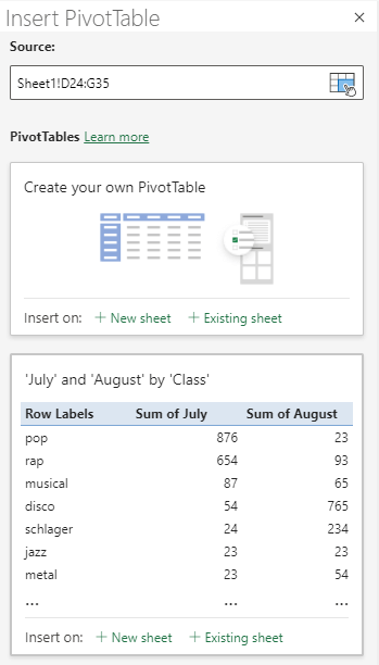 Insert PivotTable dialog box in Excel for the Web showing the selected cell range.