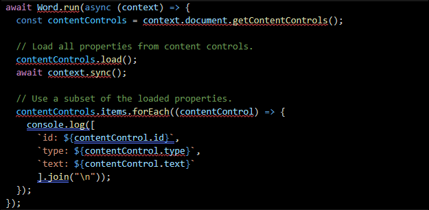 Word JavaScript API code example screenshot