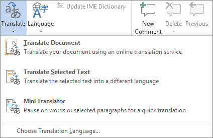 Available translation tools in Office programs