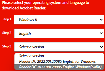 Window showing dropdown of adobe install versions.