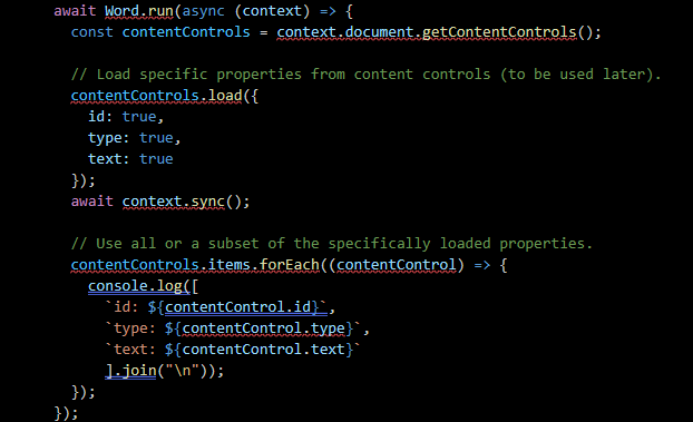 Word JavaScript API code workaround screenshot