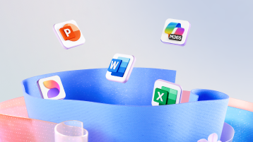 Image shows the logos of Microsoft 365 apps floating