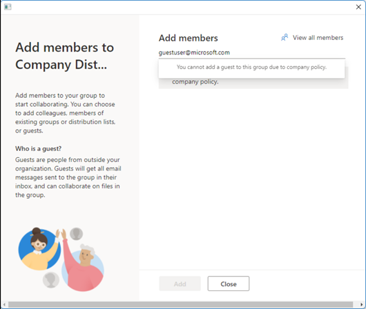 You cannot add a guest to this group due to company policy.