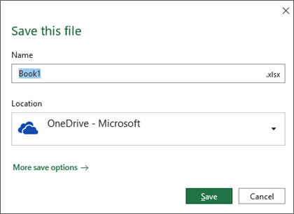 The save dialog in Microsoft Excel for Office 365