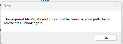 Screenshot of the error message, "The required file PageLayout.dll cannot be found"