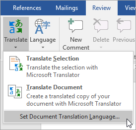 Shows Set Document Translation Language under theTranslate menu