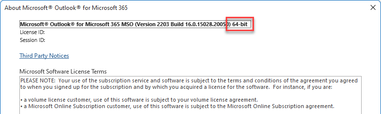 Window displaying the details of Microsoft Outlook.