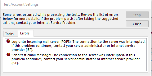 Screenshot of the Test Account Settings window Errors tab - POP3