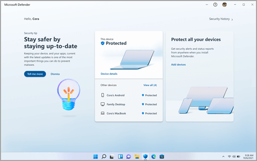 The Microsoft Defender dashboard on Windows