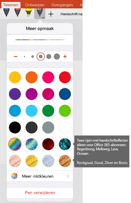 Inktkleuren en -effecten voor tekenen met inkt in Office op iOS
