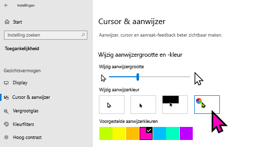 De grootte en kleur van de aanwijzer wijzigen in Windows 10 app Instellingen