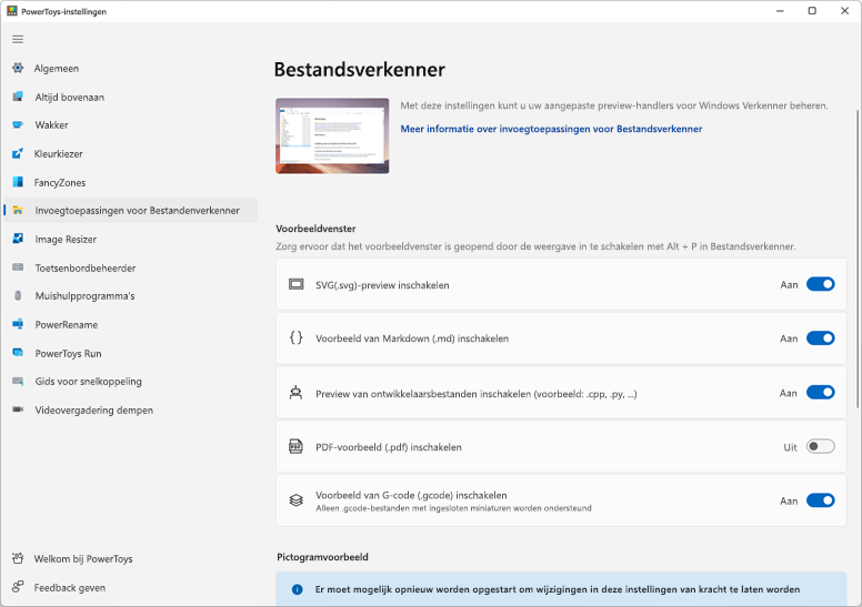 Venster met de instellingen in Power Toys.