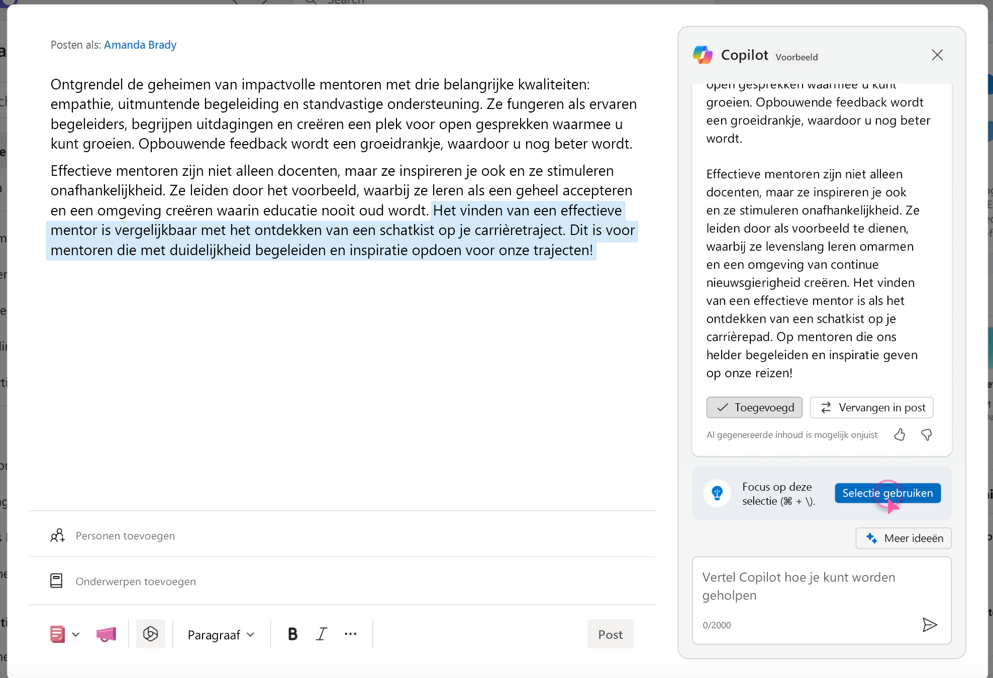Schermopname laat zien hoe je de focus kunt beperken tot specifieke tekst in Copilot.