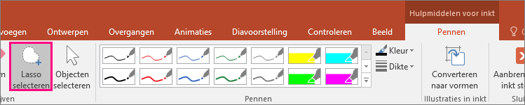Hiermee wordt de knop Lasso selecteren weergegeven in Hulpmiddelen voor inkt