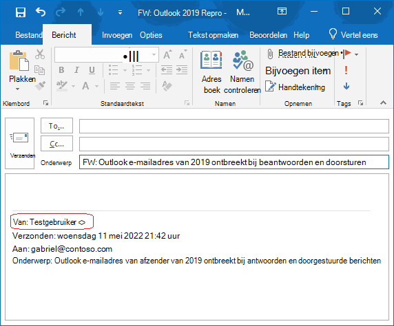 In de hoofdtekst van het e-mailbericht ontbreekt het e-mailadres van de afzender van het oorspronkelijke bericht