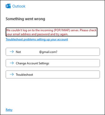 Er is iets misgegaan Gmail-fout in Outlook