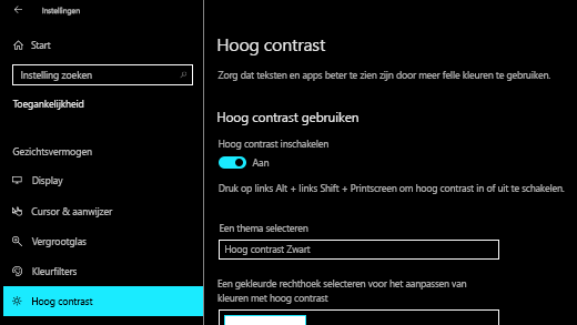 Hoog contrast inschakelen in Windows 10 app Instellingen.