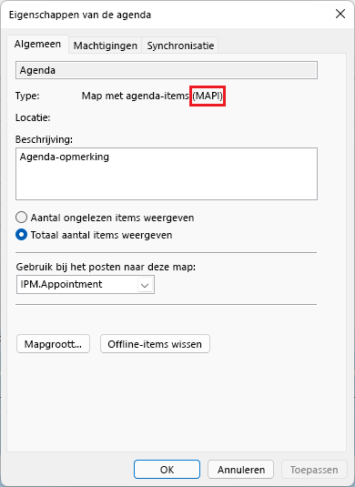 Afbeelding geeft het venster eigenschappen van outlook-vergadering weer met m a p i omcirkeld in rood.