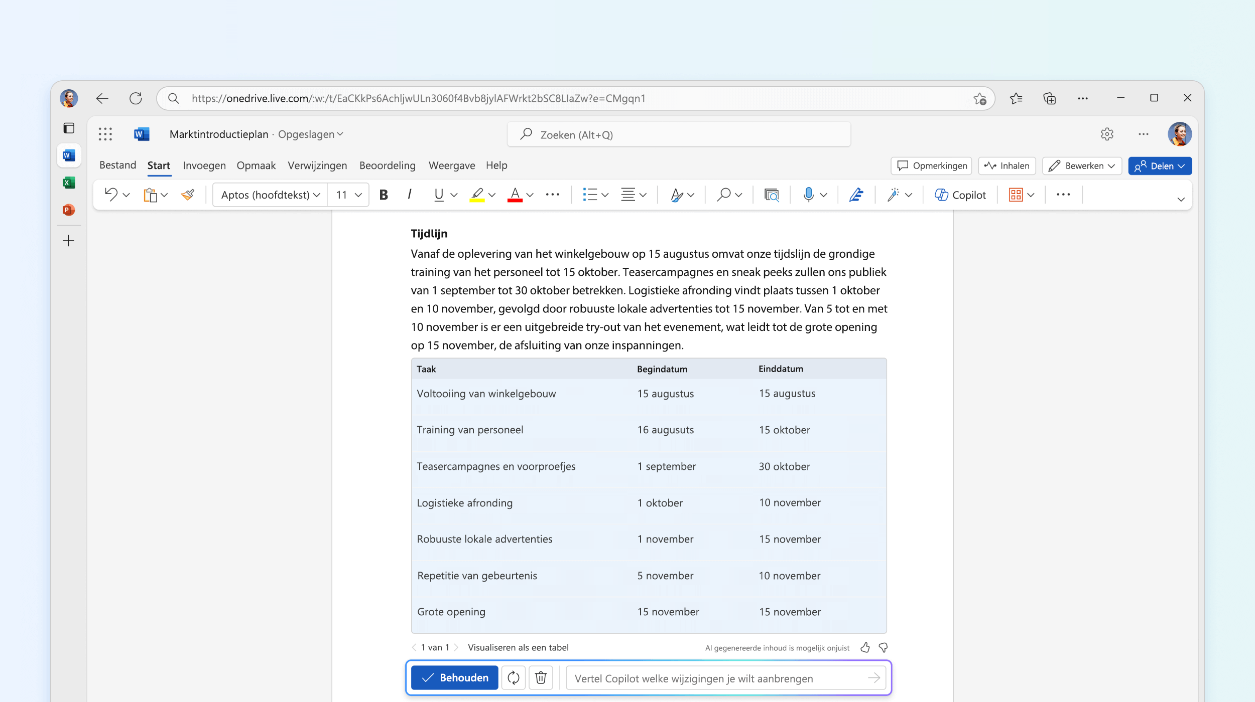 Schermafbeelding van tekst naar tabel in Copilot in Word