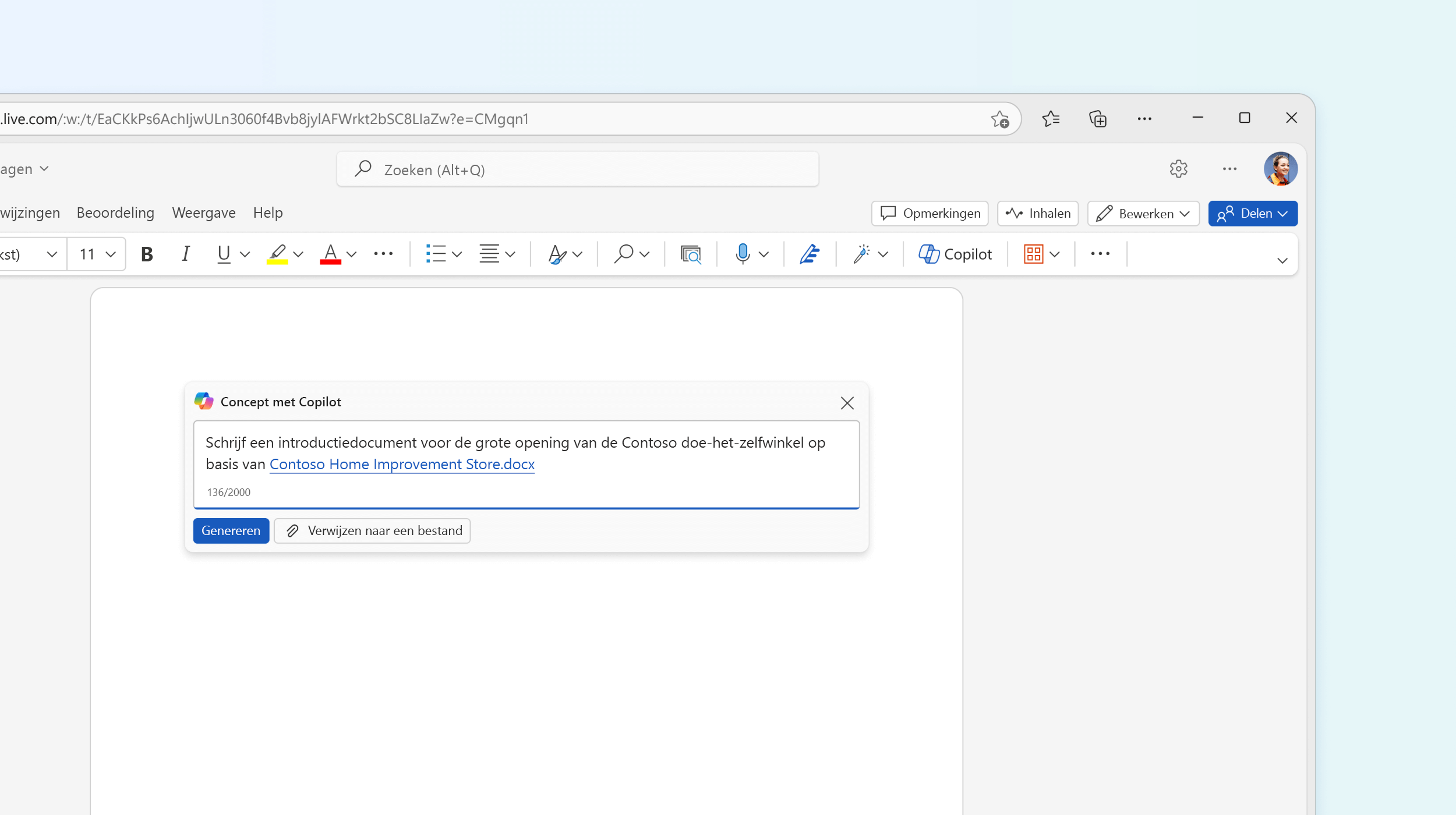 Schermopname van Concept met Copilot in Word.