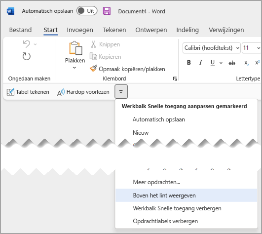 Vervolgkeuzelijst Snelle toegang Boven het lint weergeven