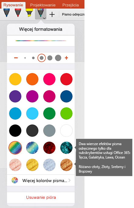 Kolory i efekty pisma odręcznego na potrzeby rysowania przy użyciu pisma odręcznego w pakiecie Office w systemie iOS