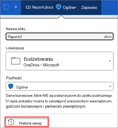 Historia wersji na platformie Microsoft 365