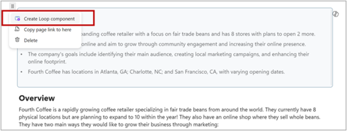 Captura de tela mostrando um usuário convertendo um resumo de página em um Componente do Loop