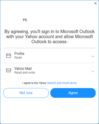 Tela de configuração do Yahoo Outlook quatro - concordo com os termos do Yahoo