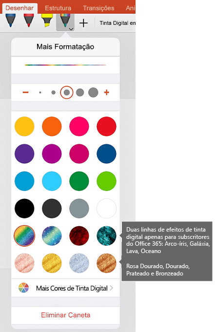 Cores e efeitos de tinta digital para desenhar com tinta digital no Office no iOS