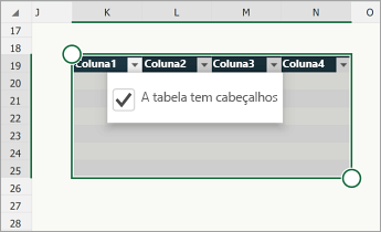 Tabela, com a caixa de verificação Tabela com cabeçalhos selecionada.