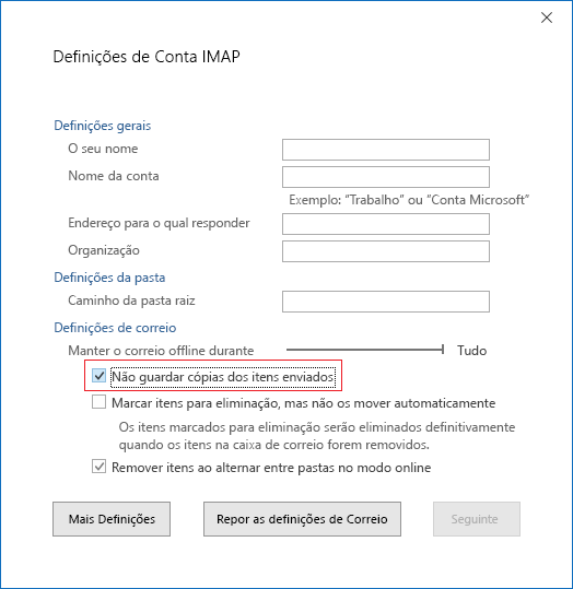 Definições da conta IMAP. Não guardar cópias dos Itens Enviados