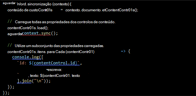 Word captura de ecrã do código da API JavaScript