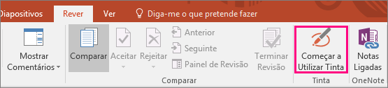 Apresenta o botão Começar a Utilizar Tinta Digital no separador Rever no Office