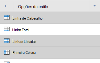 Word para Android menu de opções de estilo de tabela, com a opção Linha de Cabeçalho selecionada.