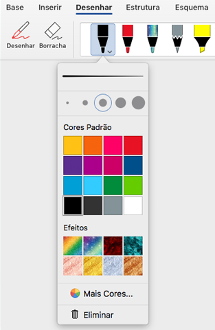 Opções de cor e espessura de uma caneta na galeria de canetas do Office no separador Desenhar