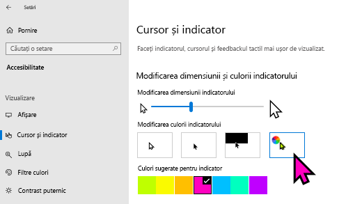 Modificarea dimensiunii și culorii indicatorului în aplicația Setări Windows 10