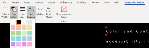 Meniul culoare pagină Immersive Reader din Word.