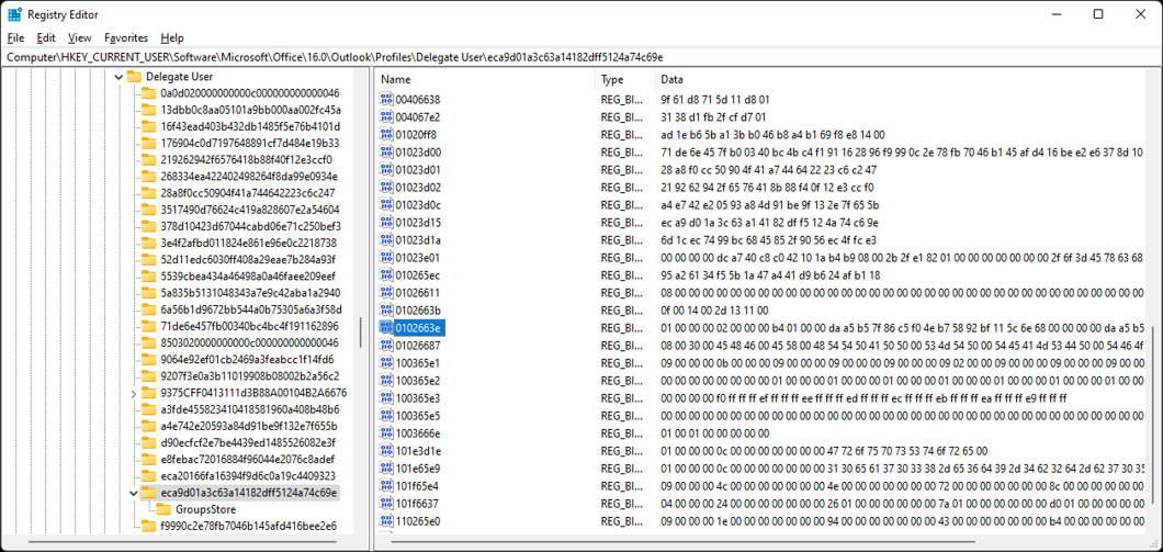 registry editor window with key 0102663e highlighted