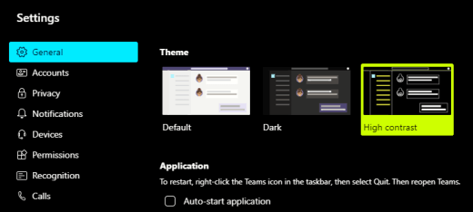 Opțiunea Microsoft Teams cu contrast înalt selectată în setările aplicației.
