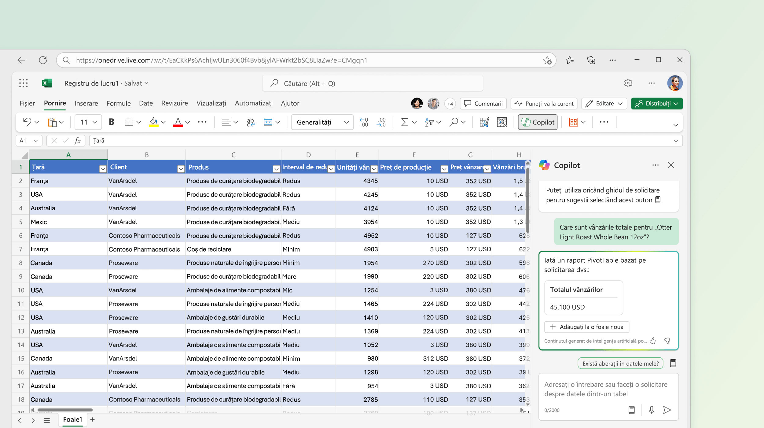 Captura de ecran arată Copilot în Excel care sugerează un TabelPivot pe baza datelor existente.